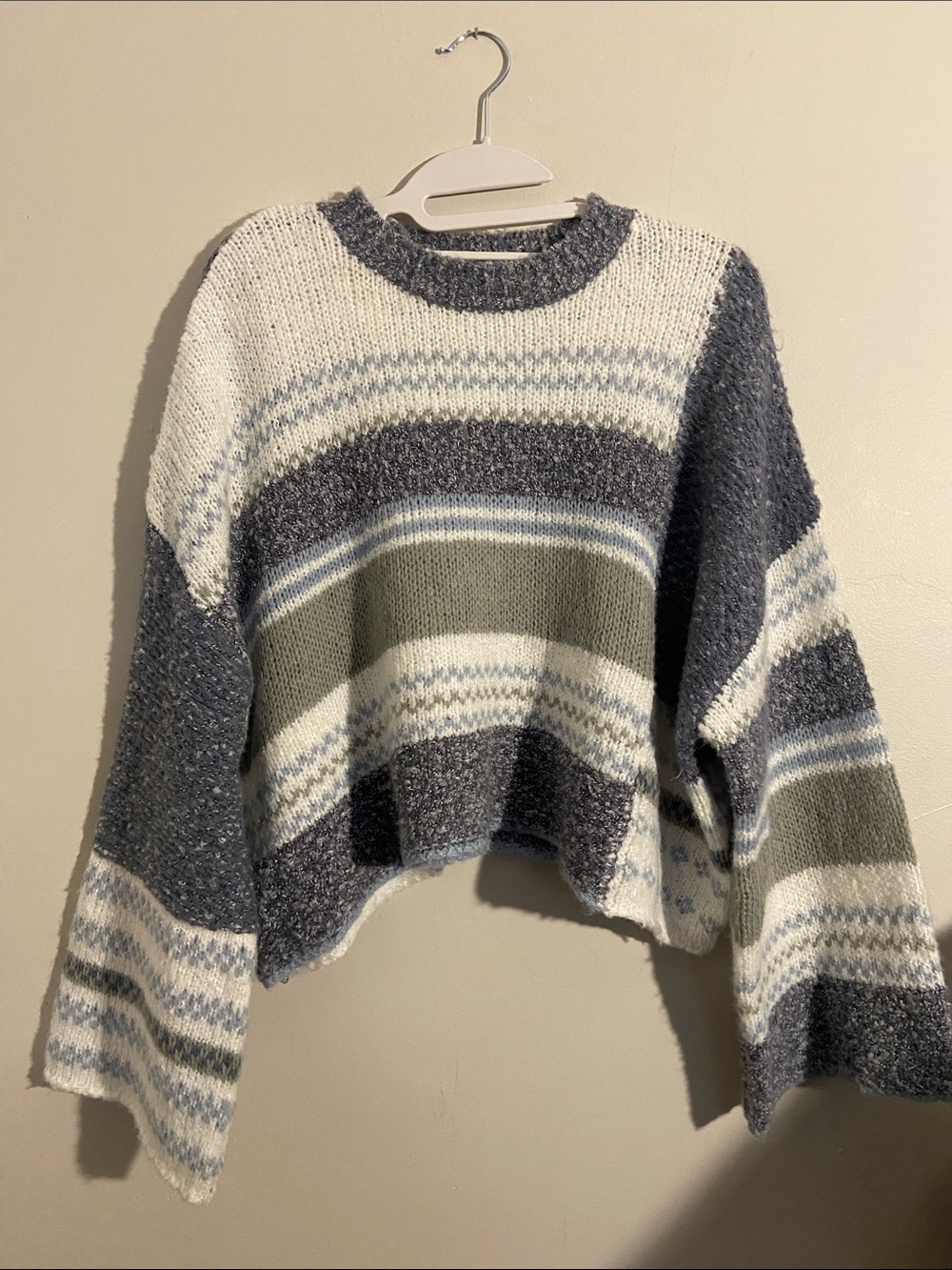 Sincerely Jules Striped Cropped Crewneck Sweater - White, Gray & Olive